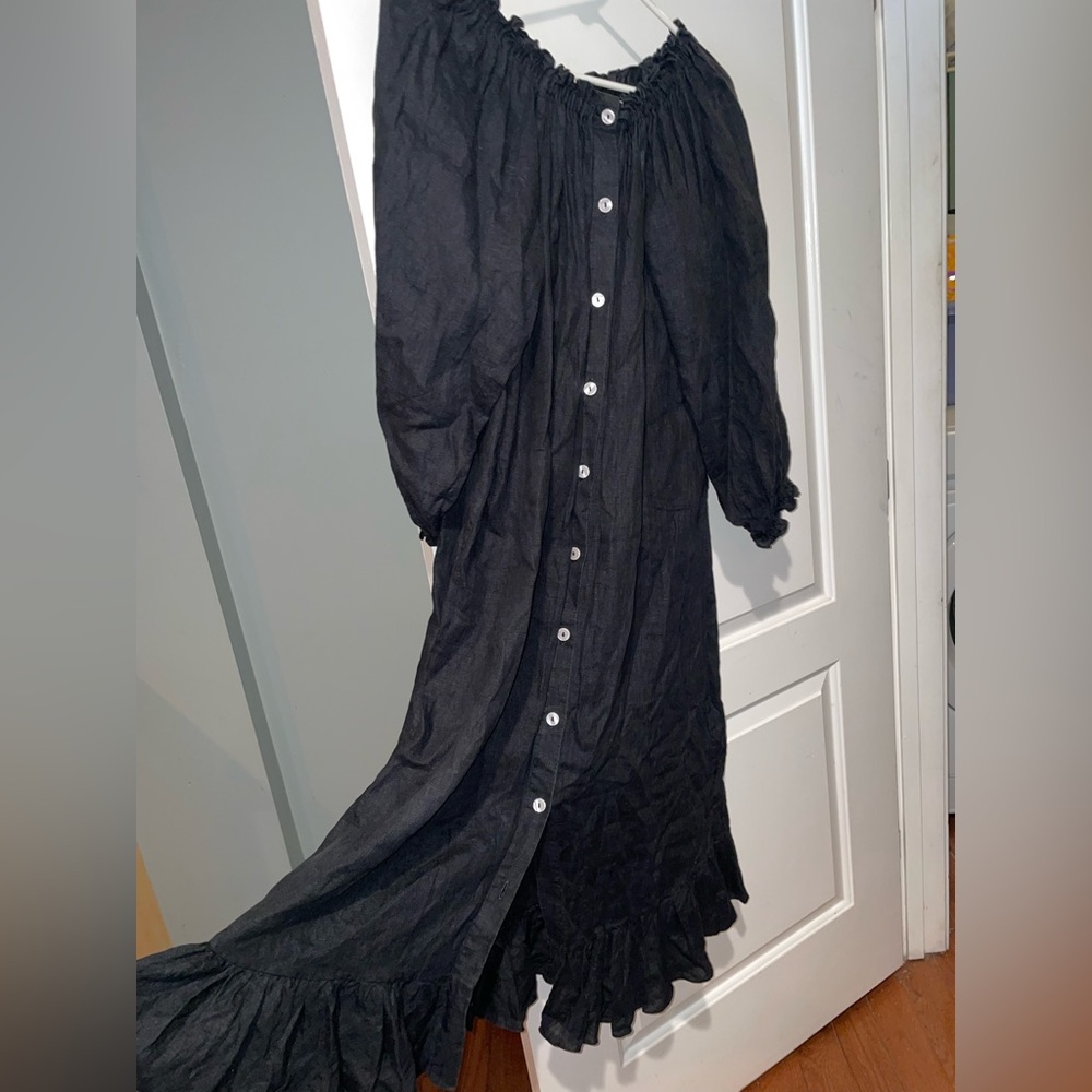 New! Sleeper Caviar Ruffled Off-Shoulder Black Button Front Midi Dress 🖤 OS - Picture 12 of 16